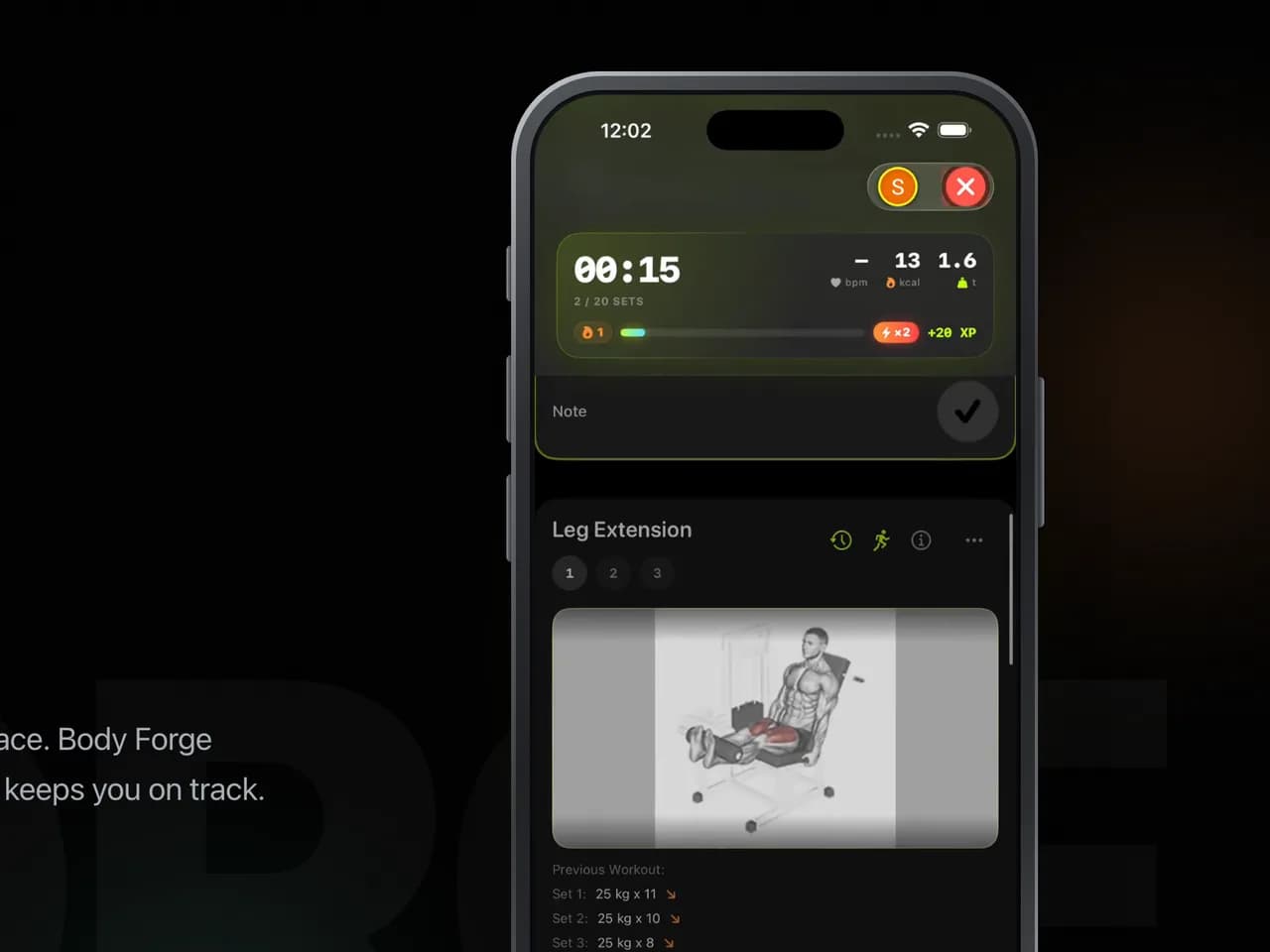 Тёмный лендинг Body Forge с лаймовым акцентом и скриншотом приложения - кейс промо-сайта